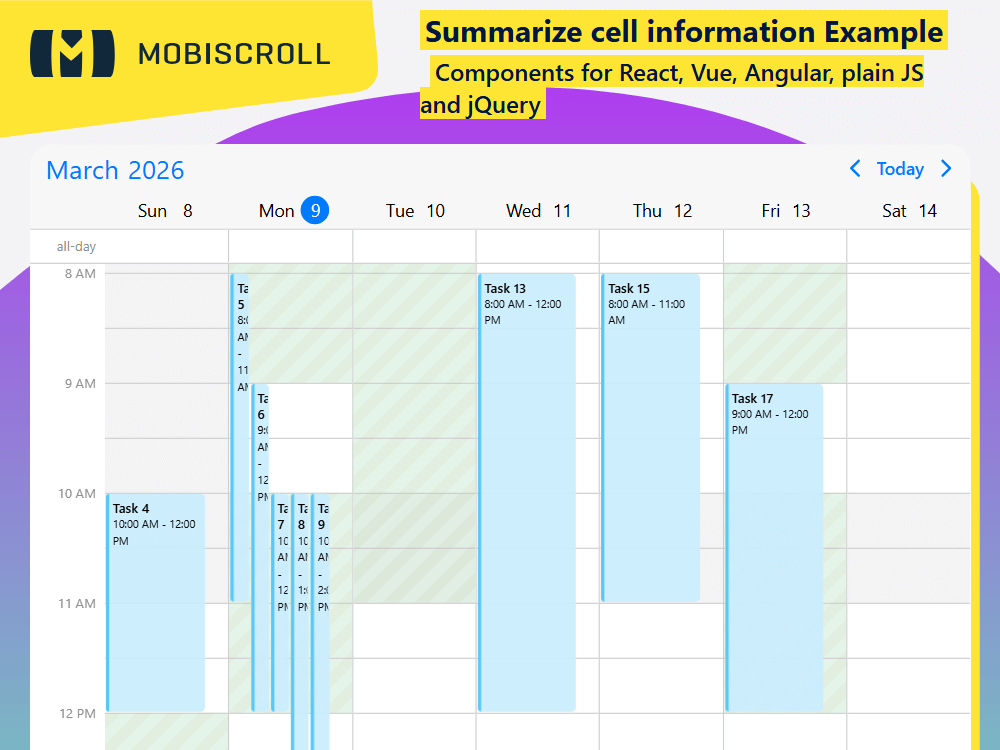 Use hover events to display tooltips with extra details. Highlight hour cells dynamically to improve visual feedback and usability.