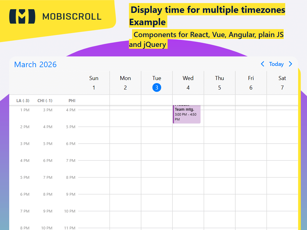 Give users a clear view of events across regions. displays multiple timezone tracks so global teams can coordinate schedules effortlessly.
