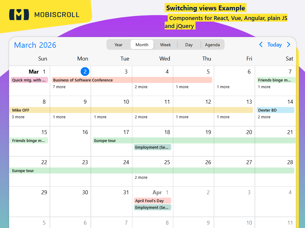 Let users navigate smoothly between daily, weekly, or agenda views. handles instant switching right from the header. No reloads needed.