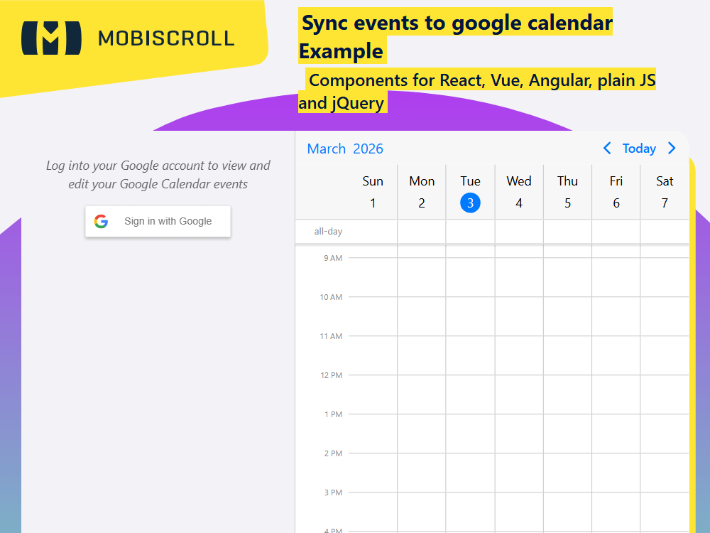 Sync events with your Google Calendar. supports adding, editing and deleting events from authorized private calendars in real time.