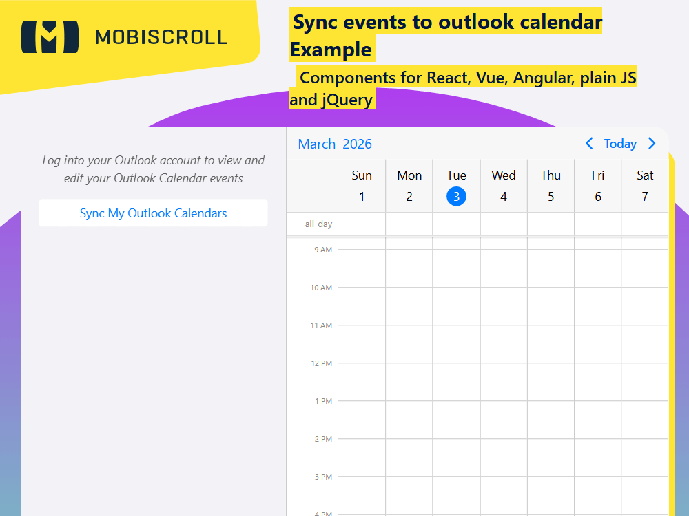 Sync events with Outlook Calendar using. Add, edit and delete events from authorized Microsoft calendars instantly.