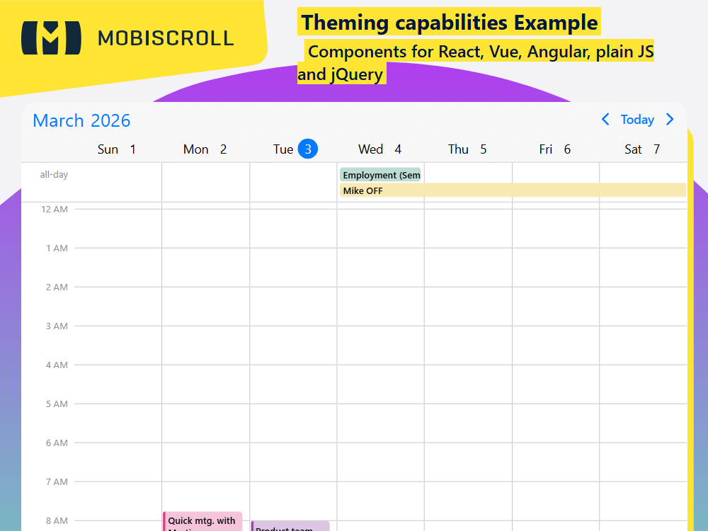 Style your scheduler with built-in iOS, Material or Windows themes. lets you customize colors and layouts using SASS or CSS.