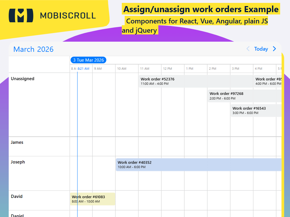 The Timeline enables assigning and unassigning work orders using a fixed unassigned row and controlled vertical drag between resources.