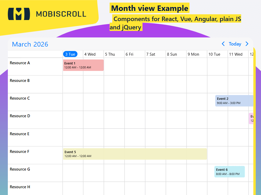 Visualize and manage multiple resources in a monthly timeline. Offer a clear, scrollable month view for long-term planning.