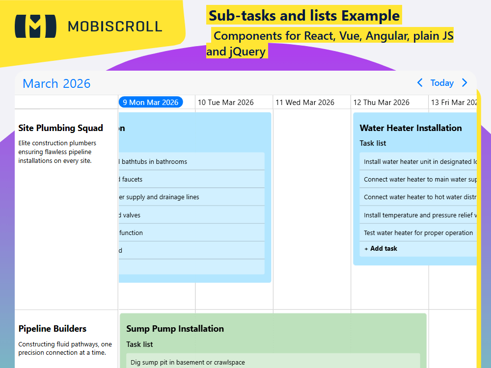 Display events with nested task lists in. Add or remove sub-tasks dynamically and visualize progress directly in the timeline.