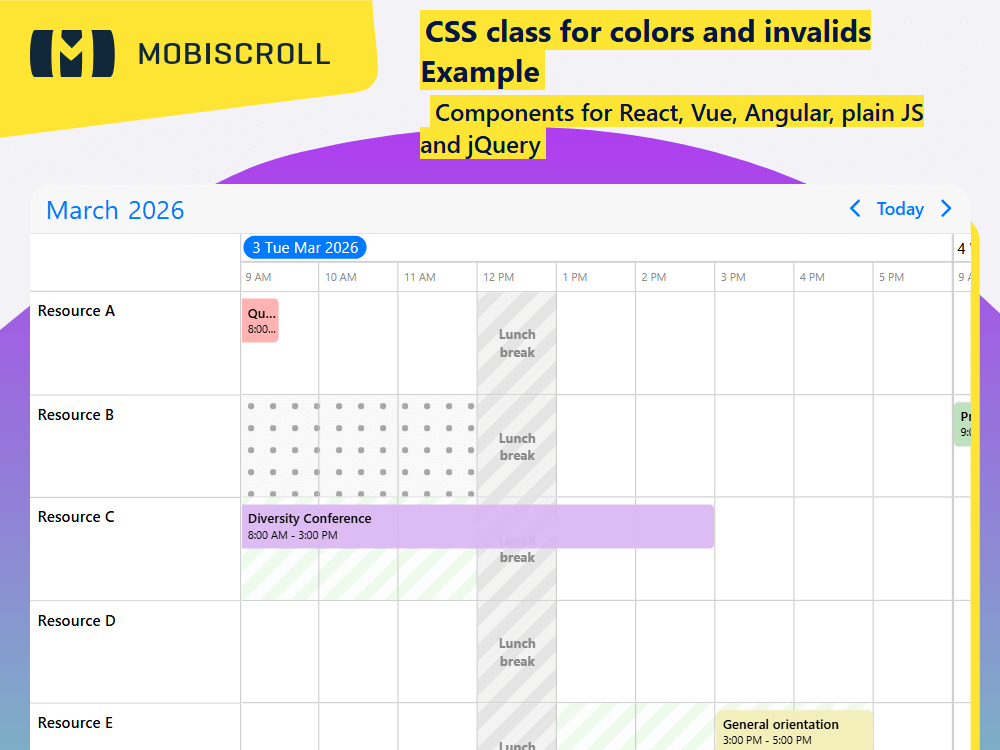 Style your timeline with CSS classes. Add colors, background patterns, and disable specific date-time ranges easily.