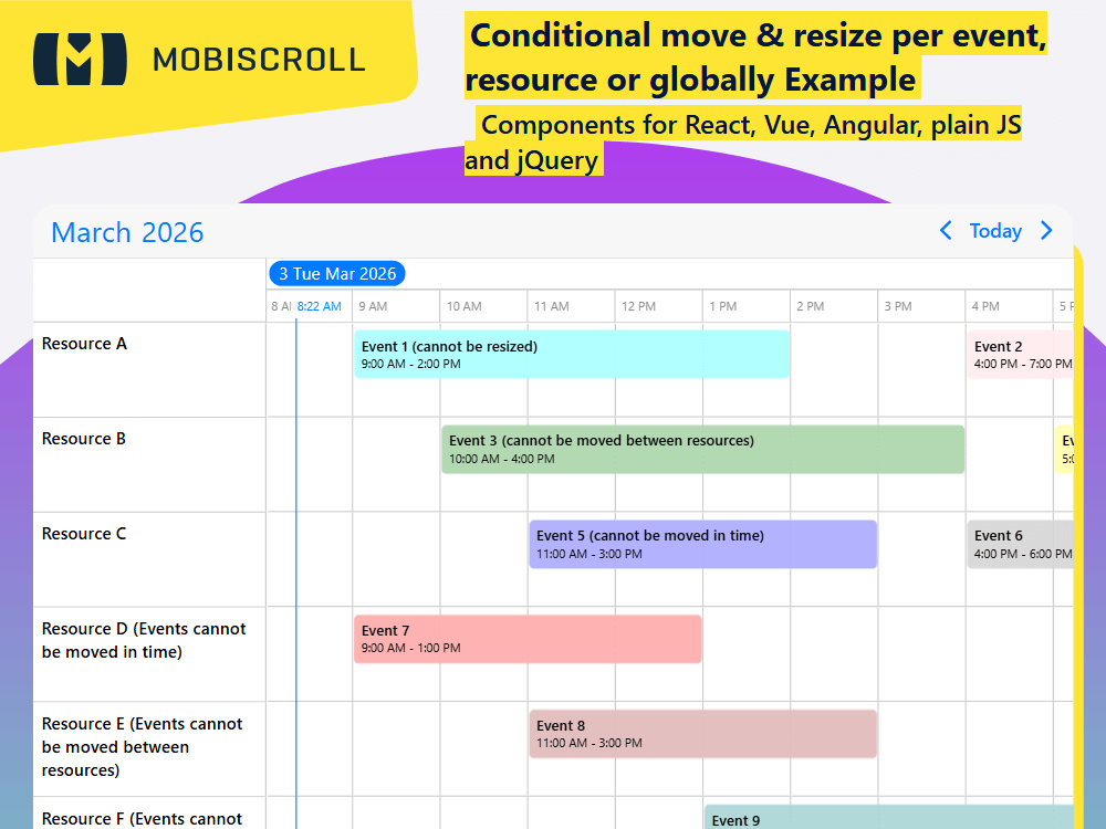 Control how users move or resize events in. Apply interaction rules globally or customize them per event and resource.