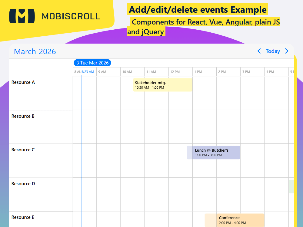 Manage timeline events with. Enable inline editing, drag & drop updates, and custom forms for seamless event management.