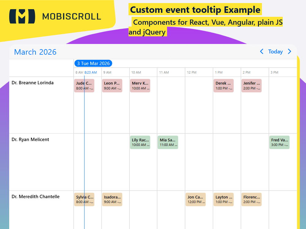 Add interactive tooltips to events. Display extra data, shortcuts, or buttons directly on hover for better user engagement.