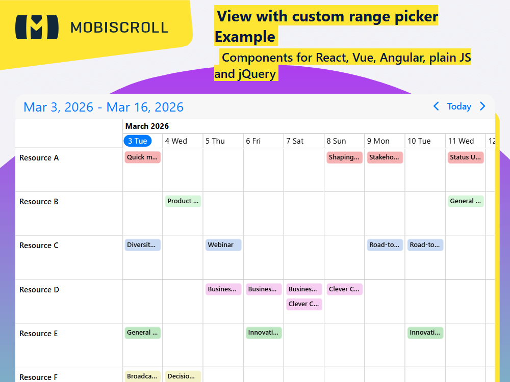 Let users pick custom start and end dates in your Timeline. Apply ranges instantly and update headers with templates or renderers.