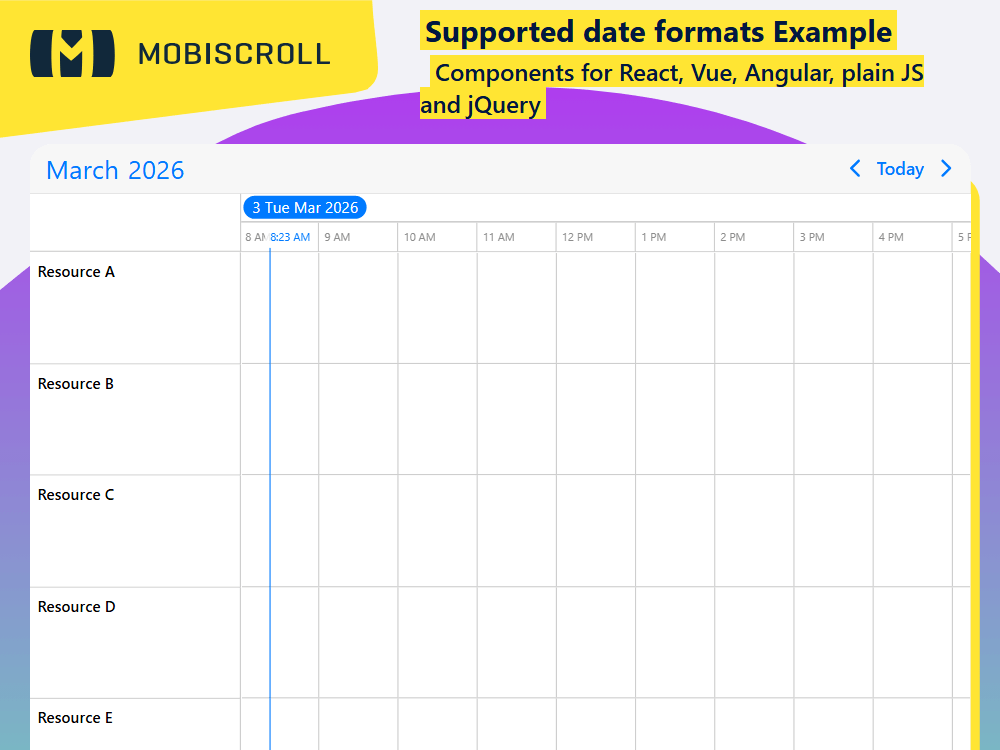 Supports multiple date formats including JS Date objects, ISO 8601 strings, and moment.js dates for flexible integration.