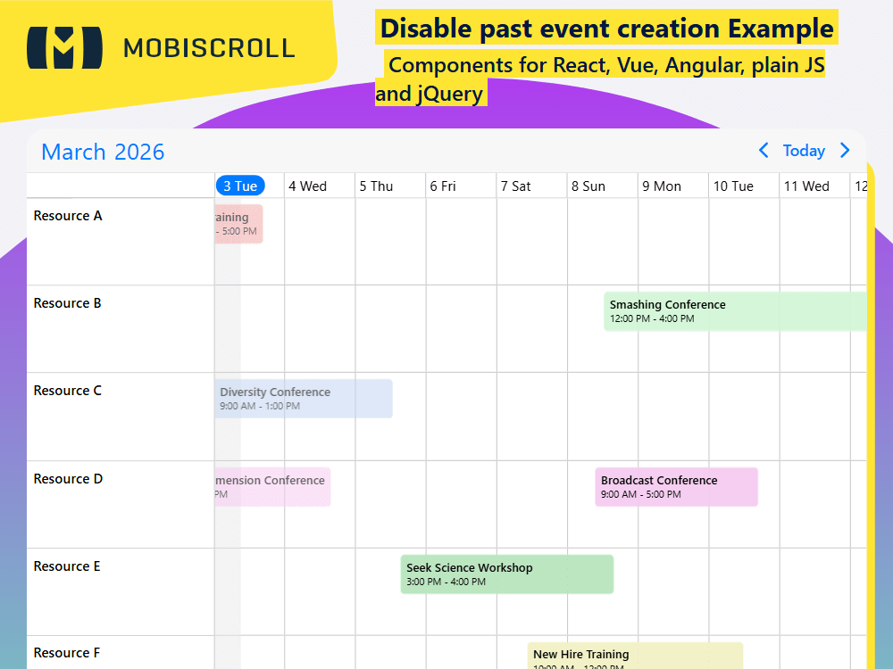 Prevent users from creating or moving events in the past with. Lock past dates while keeping full navigation active.