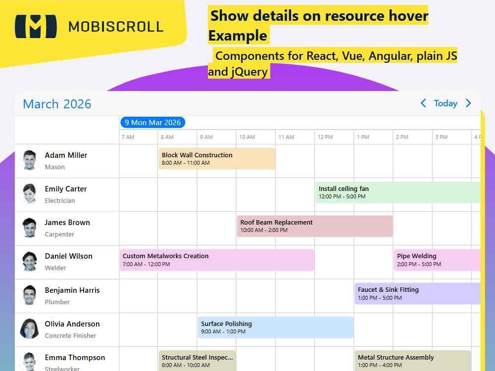 Show resource details instantly on hover in the timeline. Display contextual tooltips or popups with additional information.