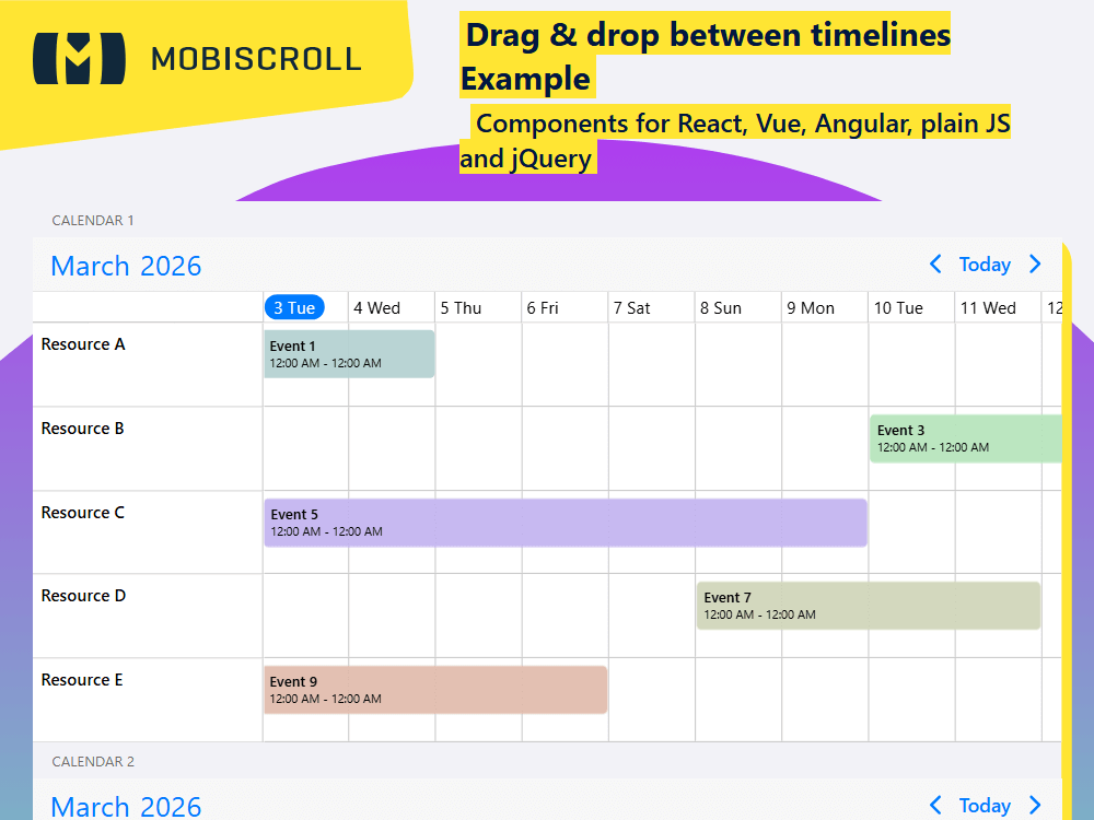 Enable cross-timeline scheduling in. Drag and drop events between instances to manage parallel calendars and workloads.