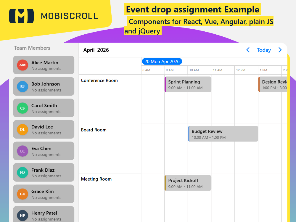 Assign users to events in a timeline using drag and drop. Turn events into drop targets with conflict validation and feedback.