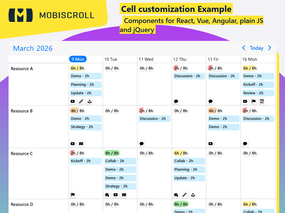 Customize Timeline cells with icons, badges, and quick add actions via renderCell and hover events. Enforce per-cell limits.