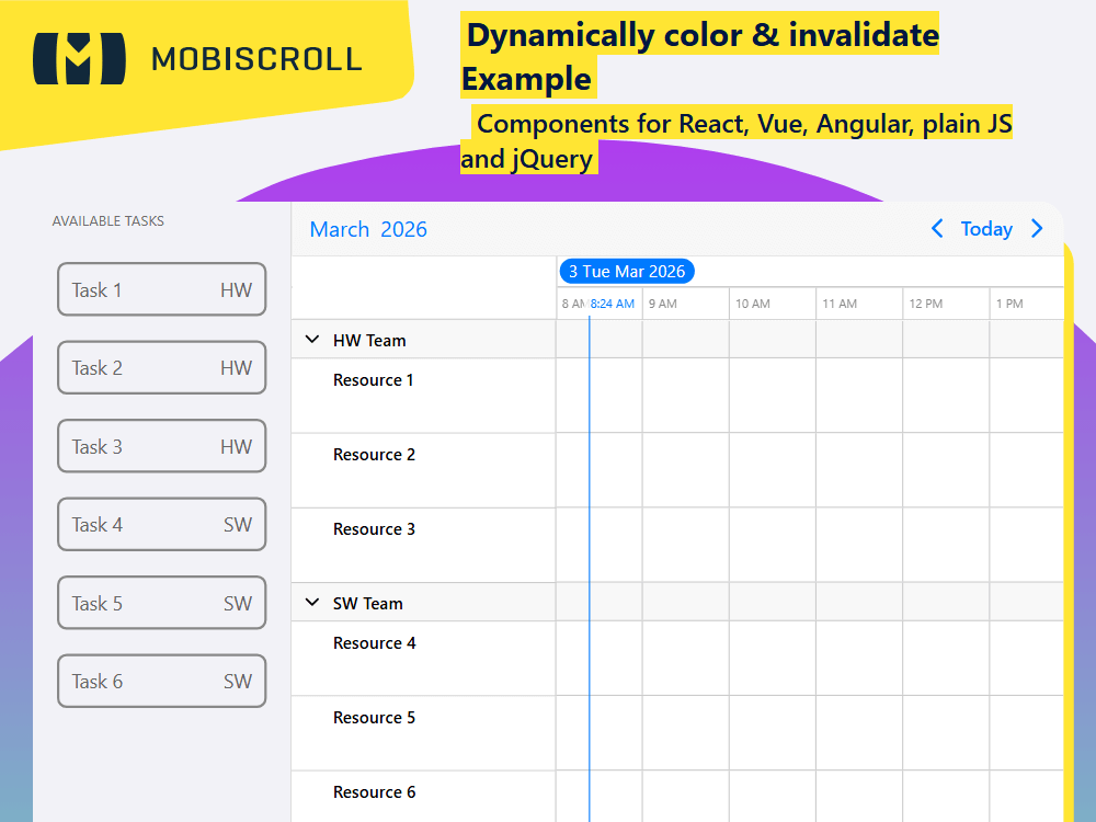 The Timeline dynamically updates resource color and validity based on event type using drag lifecycle events for rule-based scheduling.