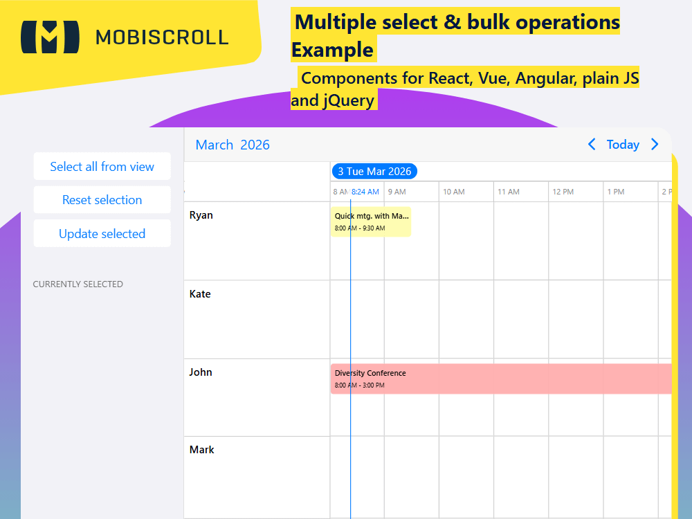 Timeline with multi-event selection and bulk edit/delete. Use keys, buttons or context menu, and control selections with Timeline API.