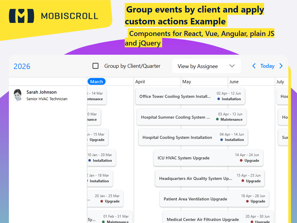 The Timeline groups events by client, enables bulk drag updates, and switches between assignee and work type views.