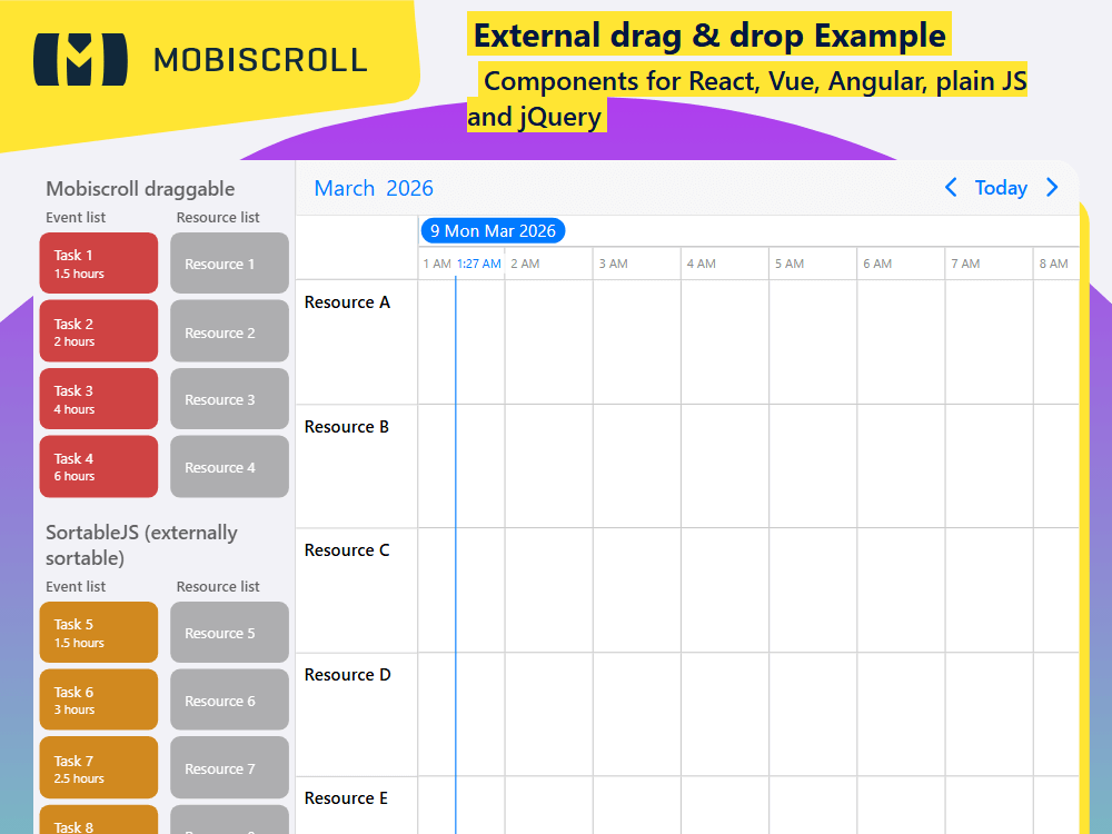 Connect Sortable or Dragula JS lists to. Move, reorder, and assign events between the timeline and external panels seamlessly.