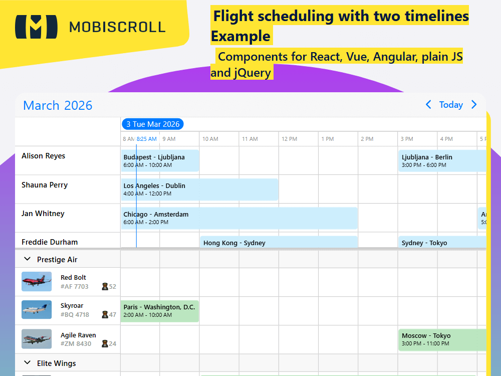 Flight scheduling using with two synchronized timelines: drag bookings to available aircraft, fixed times, no overlaps.