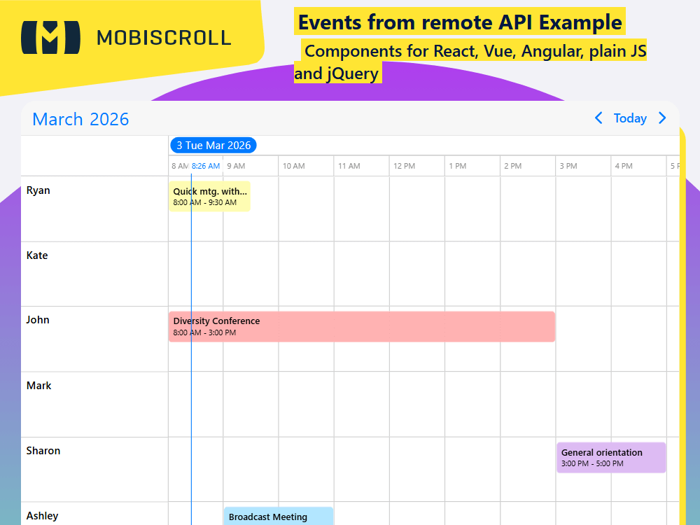 Populate your timeline with external data. Load events from any REST API or JSON endpoint and keep them automatically updated.