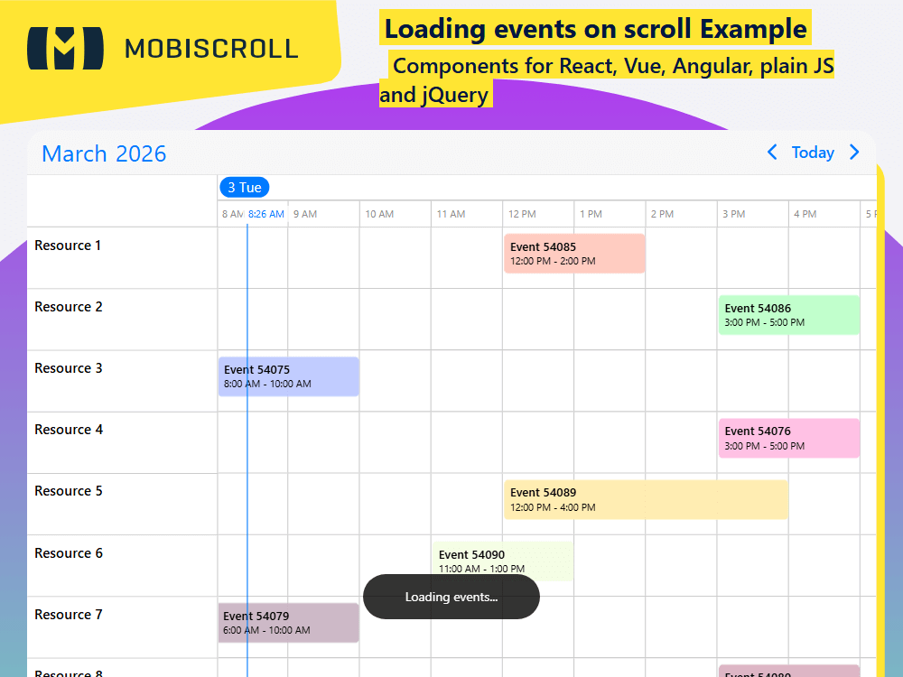 Enable virtual scrolling in. Load and render events dynamically while users scroll through large horizontal or vertical timelines.