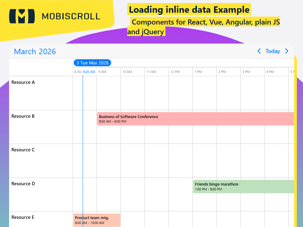 Load events into the Timeline using inline data by passing an event array to the data option for simple, initial setups.
