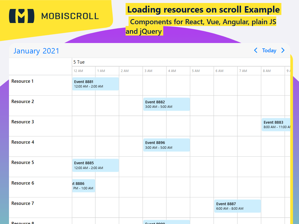 Improve scalability with. Use virtual scrolling to load resource data as users scroll through large timelines or resource lists.