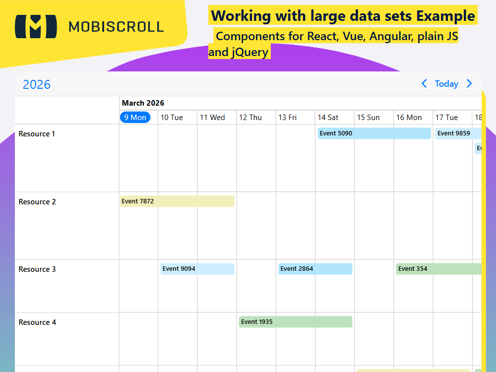 Handle thousands of events and resources in your. Get smooth scrolling and fast rendering with vertical and horizontal virtualization.