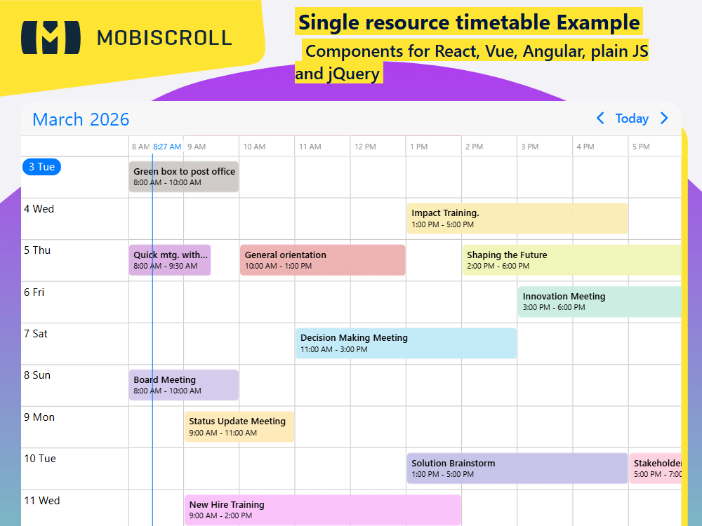 Display a single resource timetable in. View daily availability with days listed vertically and 24-hour time blocks horizontally.