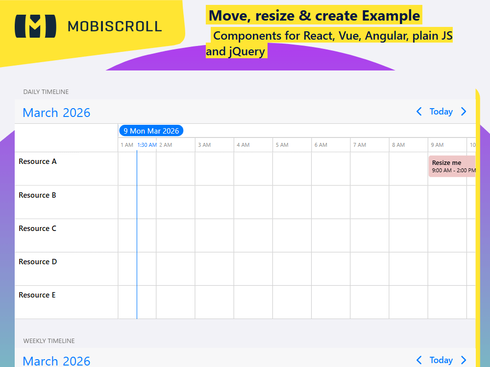 Create, move, resize, or delete events using drag and drop, with configurable controls, snap resolution, and fixed read-only events.