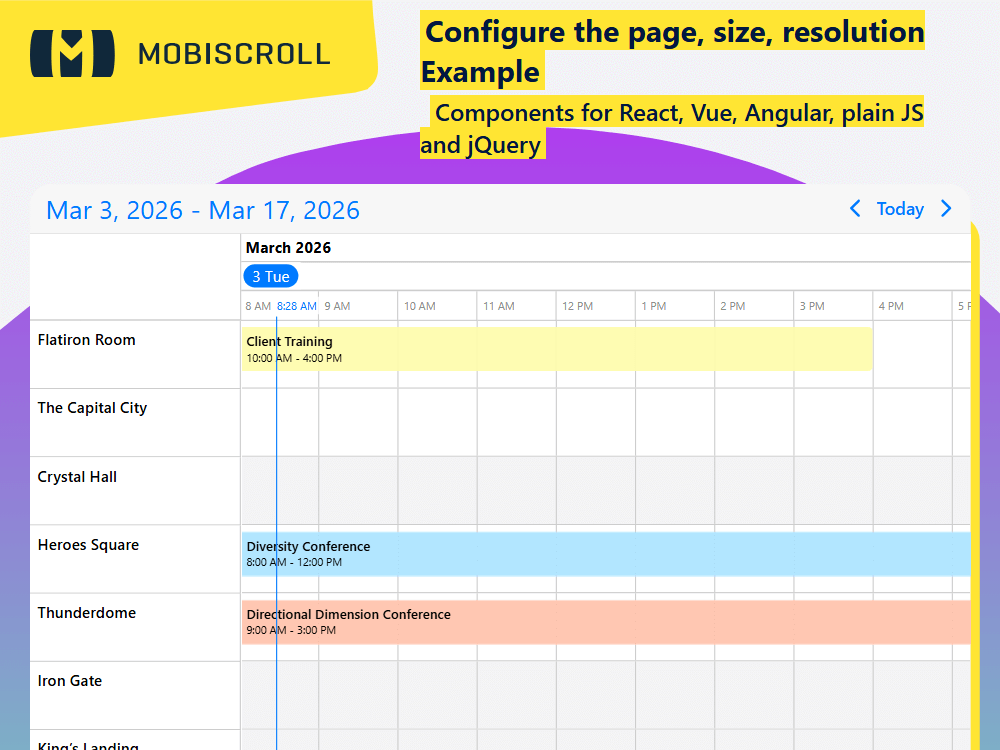 Configure continuous timeline views in your. Switch between day, week, month, or year layouts using a fast virtualized view.