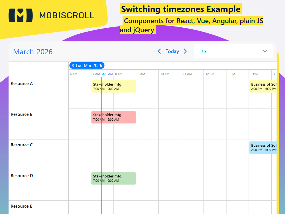 Switch timezones using with a custom dropdown, loading event data in UTC and converting display timezones dynamically.