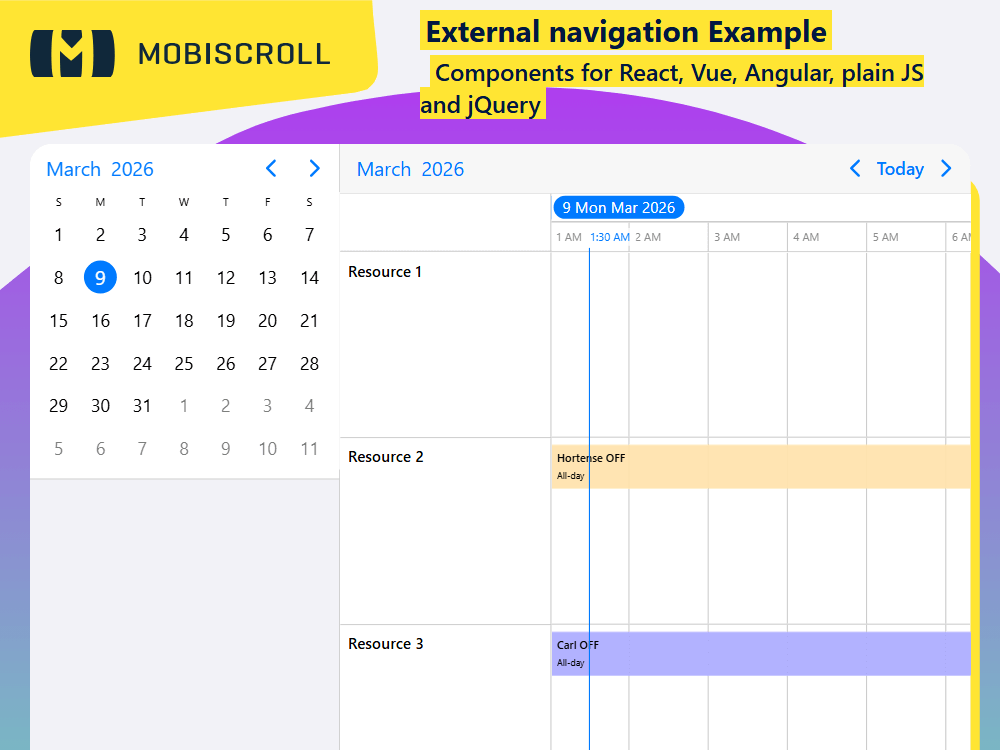 Combine a timeline with an external mini calendar in. Let users navigate dates easily through a side-by-side layout.