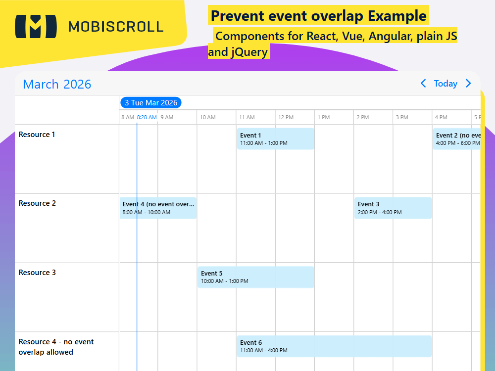 Keep your timelines accurate with. Detect and block event overlaps automatically when users move or resize items.