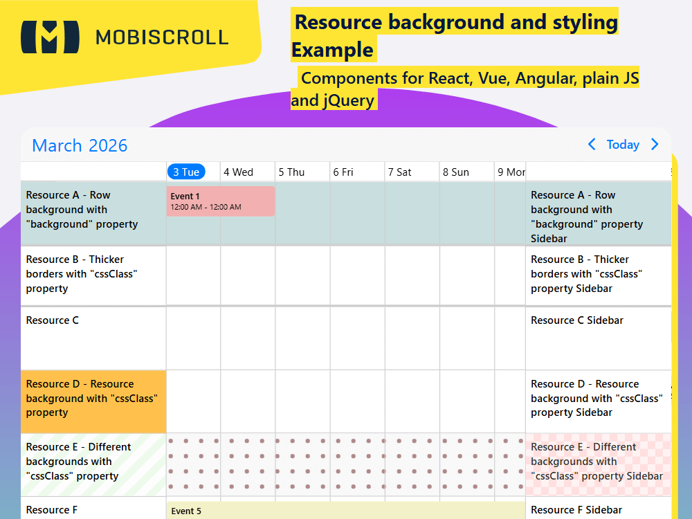 Style the timeline easily. Add background patterns, highlight resources, and customize row design using the CSS class parameter.