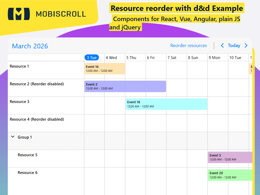 Manage and organize your timeline layout easily. supports live resource reordering with drag & drop for better control and workflow.