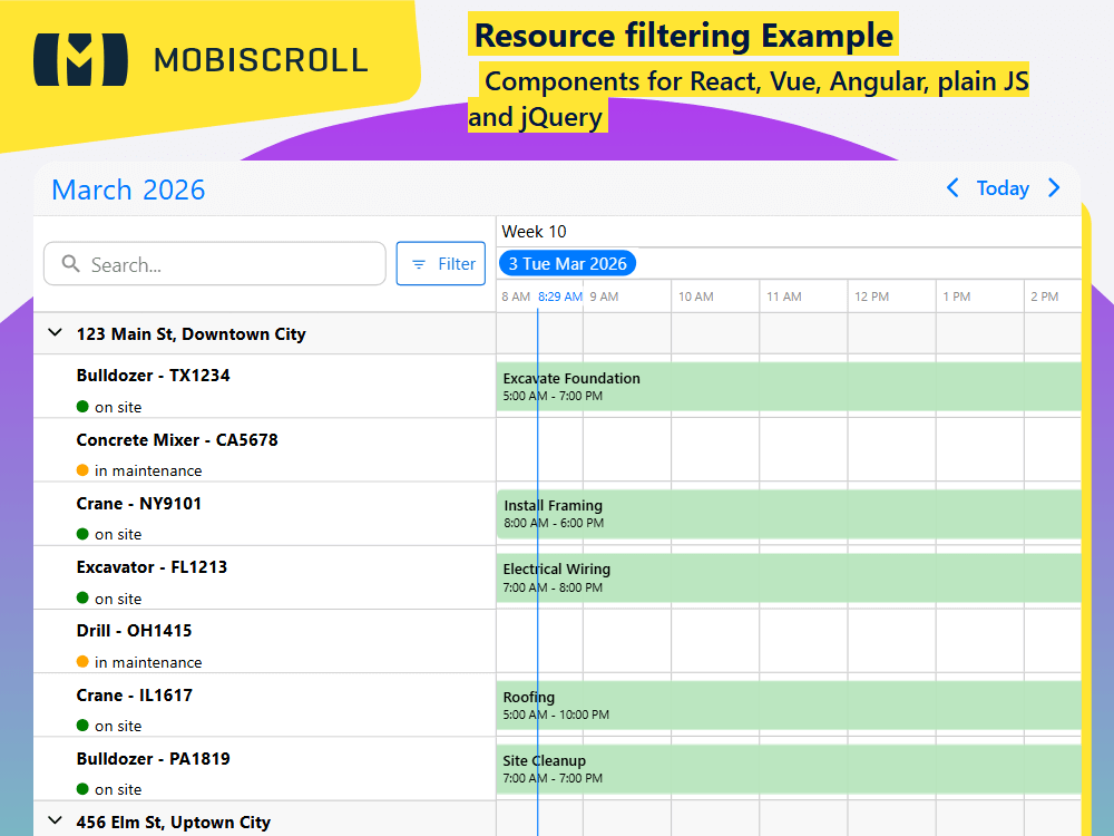 Filter and search resources using the Timeline with custom headers, live search, filters, and empty-state handling.