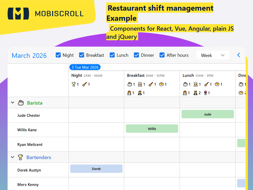 Create a restaurant shift scheduler with. Visualize staff by role or time, apply filters, and manage overlapping shifts smoothly.