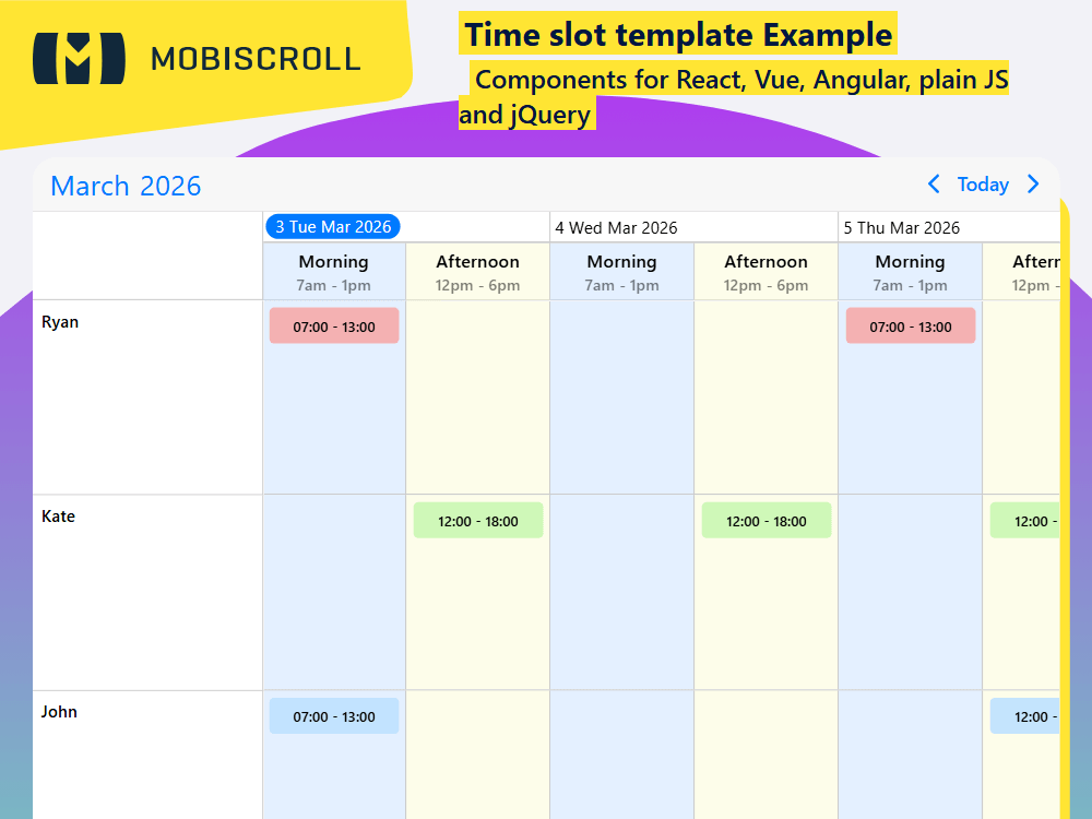 Personalize shift headers in the timeline. Add extra details like duration, team, or notes using time slot templates.