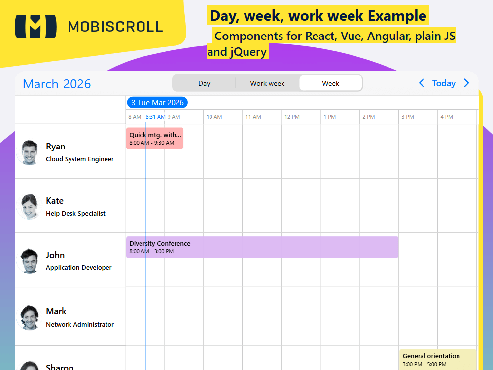 Switch between day, week, and work-week timelines using with a header control, adjusting time resolution from hourly to weekly steps.