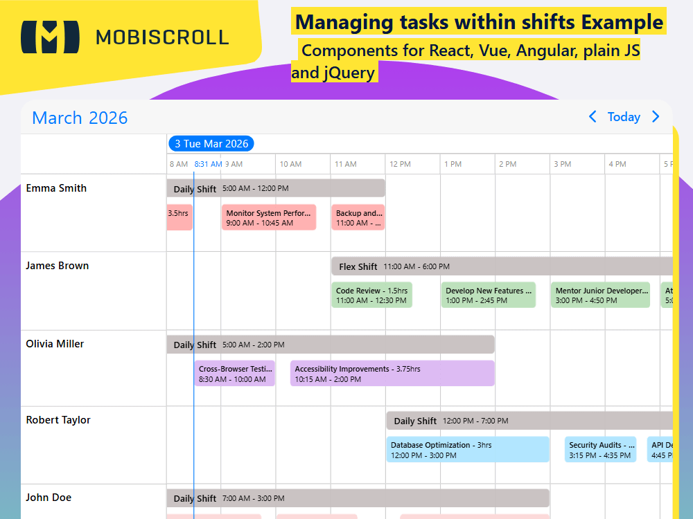 Manage shifts and tasks using Timeline. Show linked shifts and tasks, control order, and validate overlaps via lifecycle events.