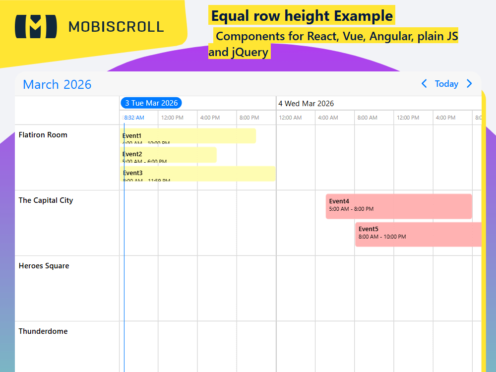 Build a timeline with custom row sizing using. Adjust or fix resource row heights and learn how to override styles in CSS.