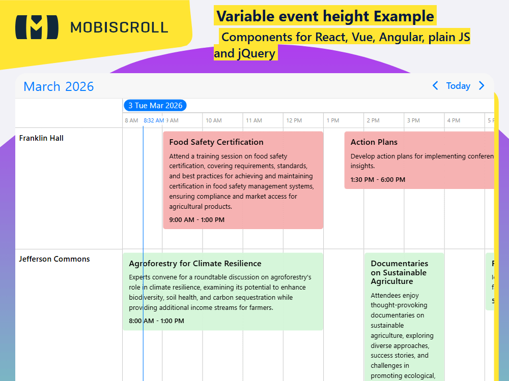 Display variable-height events in the timeline. Show full content without truncation and adjust event height automatically.