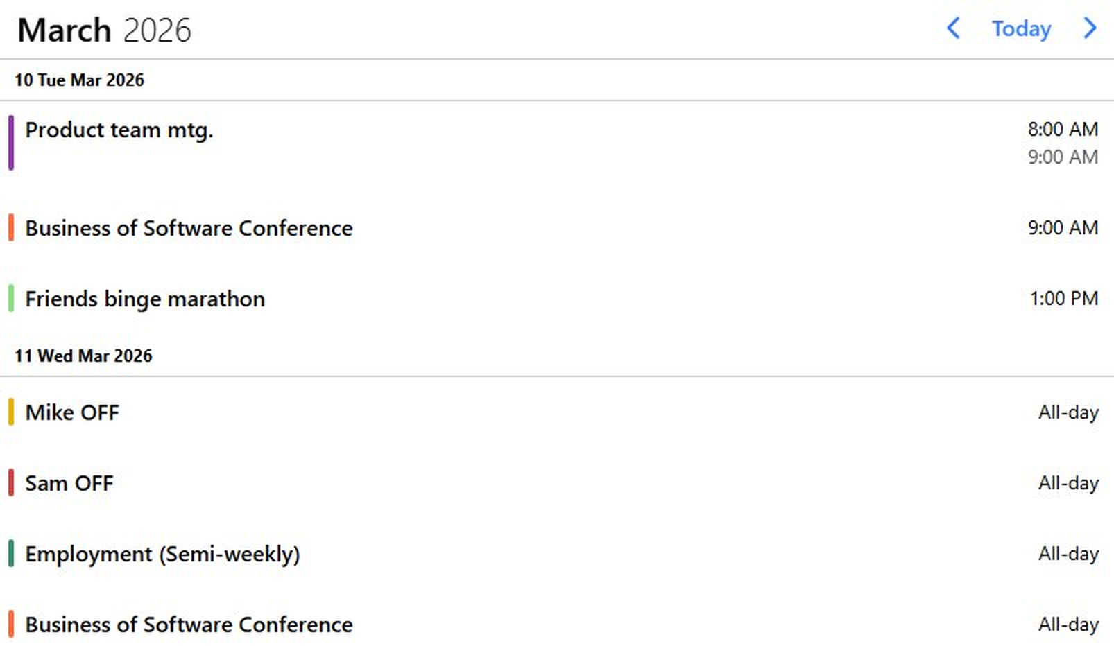 Agenda view listing the events of each day with their times