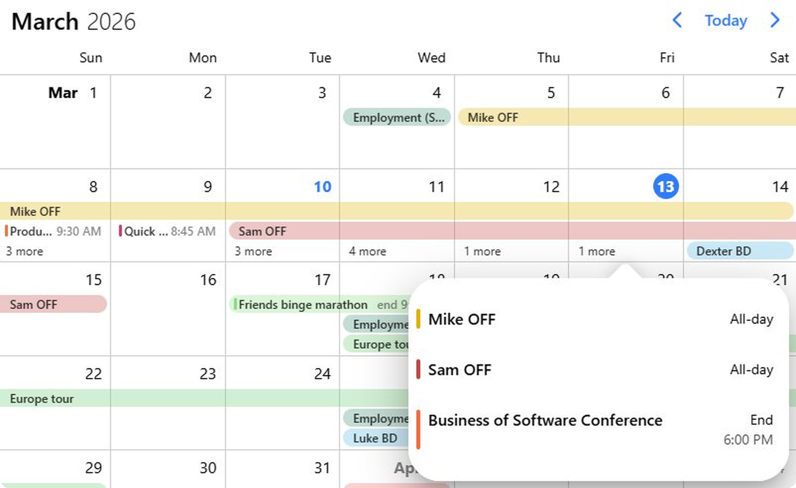 Event calendar month view with recurring, multi-day and all-day events, and a popover listing a day's events