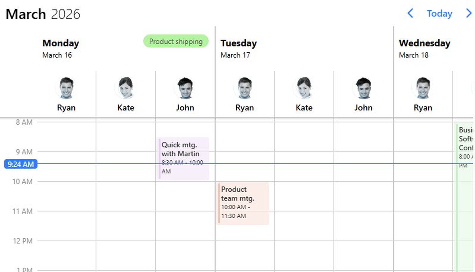 Scheduler week view with a time grid, three resources per day and events placed by time
