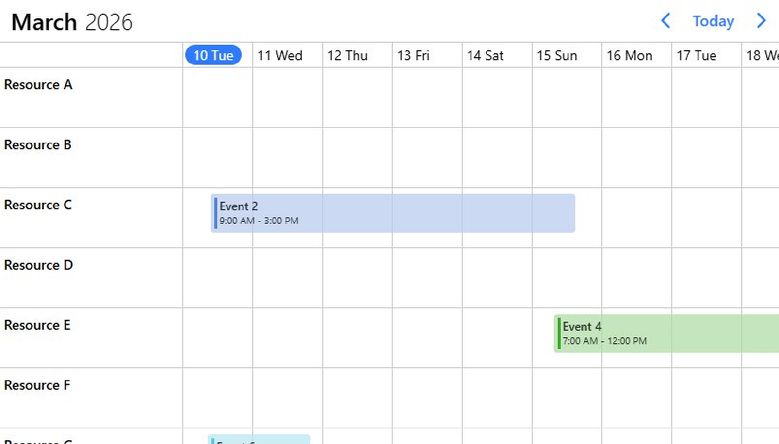 Timeline view with resources in rows and multi-day events across the days of the month