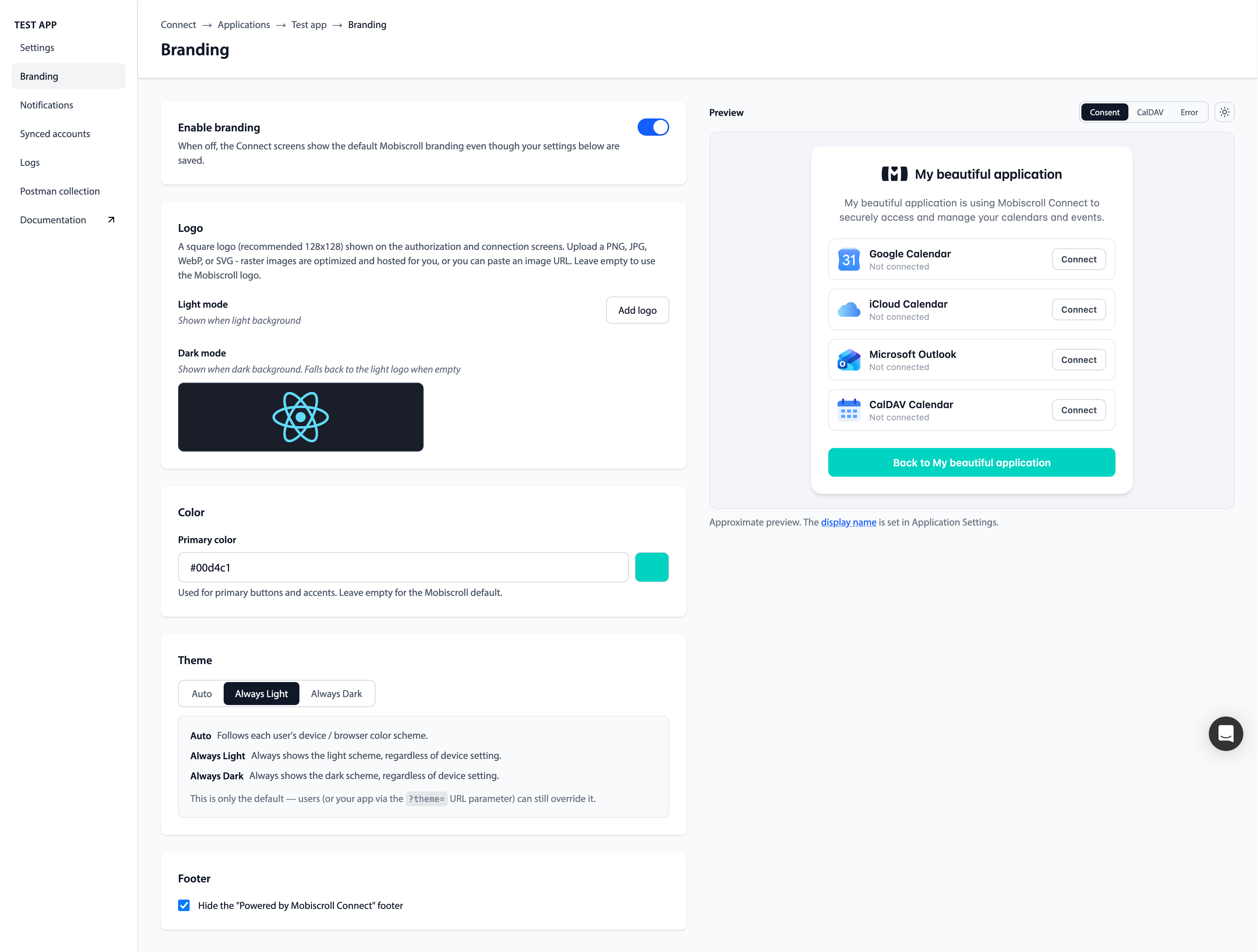 Branding page in the Connect dashboard